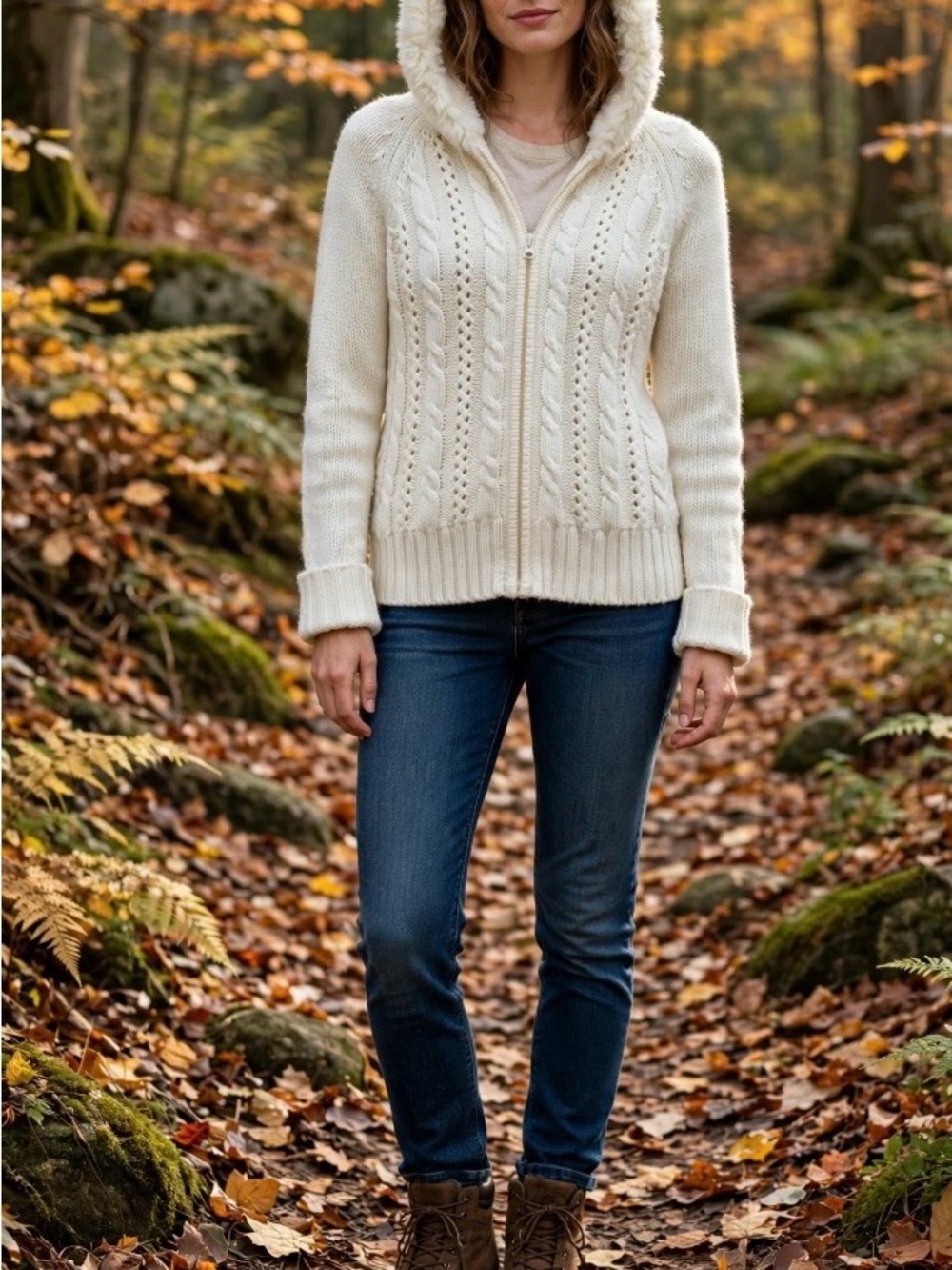 ANN TAYLOR LOFT Hooded Cable Knit Zip Sweater Jacket - Cream Vintage Size S